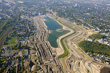 Aerial view, Lake PhoenixSee, Phoenix Lake Dortmund-Horde, Emscher river, Emscher inflow, Dortmund, Ruhrgebiet region, North Rhine-Westphalia, Germany, Europe