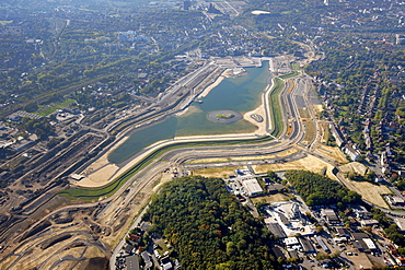 Aerial view, Lake PhoenixSee, Phoenix Lake Dortmund-Horde, Emscher river, Emscher inflow, Dortmund, Ruhrgebiet region, North Rhine-Westphalia, Germany, Europe