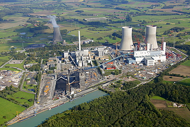 Aerial view, former THTR, thorium high-temperature nuclear reactor, a former nuclear power plant in Hamm-Uentrop, Uentrop, Westfalen power plant, coal power plant, construction and redevelopment, RWE Power, Hamm, Ruhr Area, North Rhine-Westphalia, Germany