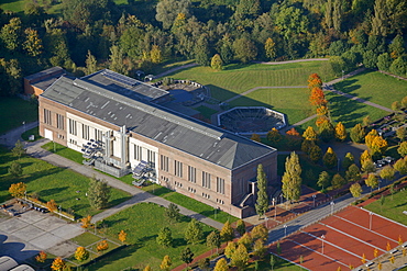 Aerial view, Alfred-Fischer-Halle event hall, former Zeche Sachsen mine, Heessen, Hamm, Ruhrgebiet region, North Rhine-Westphalia, Germany, Europe