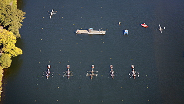 Aerial view, boat race, regatta on the Ruhr river, Essen-Kettwig, Essen, Ruhrgebiet region, North Rhine-Westphalia, Germany, Europe