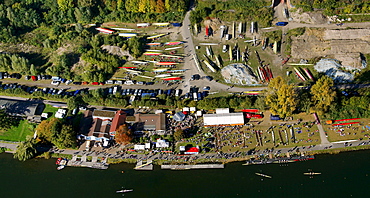 Aerial view, boat race, regatta on the Ruhr river, Essen-Kettwig, Essen, Ruhrgebiet region, North Rhine-Westphalia, Germany, Europe