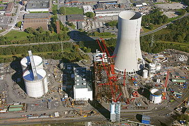 Aerial view, Trianel coal-fired power plant under construction, port, Luenen, Ruhrgebiet region, North Rhine-Westphalia, Germany, Europe