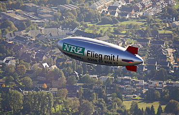 Aerial view, WAZ NRZ Zeppelin over Muelheim an der Ruhr, Ruhrgebiet region, North Rhine-Westphalia, Germany, Europe