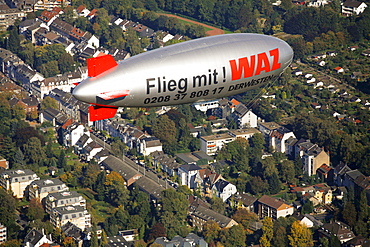 Aerial view, WAZ NRZ Zeppelin over Muelheim an der Ruhr, Ruhrgebiet region, North Rhine-Westphalia, Germany, Europe