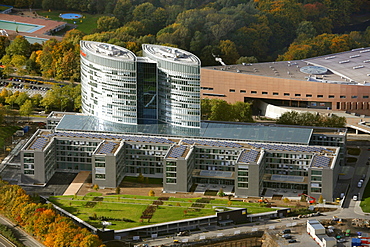 Aerial view, EON Ruhrgas headquarters, office tower at the Gruga, Essen-Ruettenscheid, Essen, Ruhr area, North Rhine-Westphalia, Germany, Europe