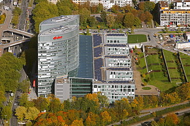 Aerial view, EON Ruhrgas headquarters, office tower at the Gruga, Essen-Ruettenscheid, Essen, Ruhr area, North Rhine-Westphalia, Germany, Europe