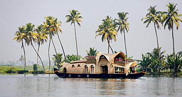 Luxury houseboat on a canal in front of palm trees, Haripad, Alappuzha, Alleppey, Kerala, India, Asia