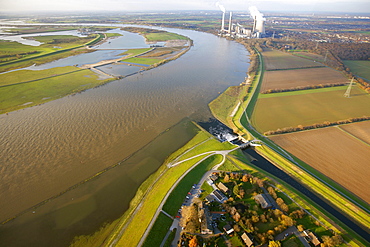 Aerial view, Emscher river estuary, Rhine river, flood, Dinslaken, Ruhrgebiet region, North Rhine-Westphalia, Germany, Europe