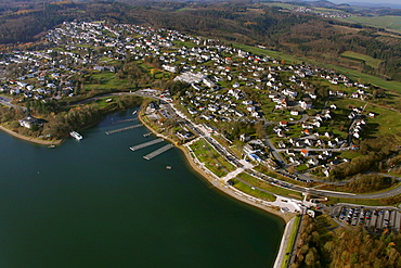 Aerial view, lake promenade, Lake Sorpesee, Langscheid, Sunderland, Sauerland area, North Rhine-Westphalia, Germany, Europe