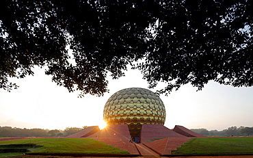 Sunrise at Matrimandir, mystical place, temple and largest sanctuary in Auroville, Sri Aurobindo Ashram, Pachayankuppam, Tamil Nadu, India, Asia