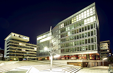 Johannes-Dalmann-Haus building and Am Kaiserkai street in the Hafencity district in Hamburg in the evening, Germany, Europe