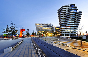 Marco-Polo-Tower and the Unilever headquarters on the Strandkai quay in the Hafencity district in Hamburg, Germany, Europe