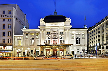 Deutsches Schauspielhaus theatre with a banner, in protest against the cutbacks in the budget of the theatre, Kirchenallee street, St. Georg district, Hamburg, Germany, Europe