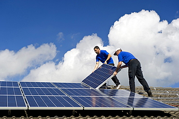 Installation of a solar collector, near Freiburg in Breisgau, Baden-Wuerttemberg, Germany, Europe