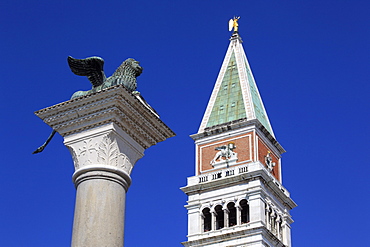 Lion of Saint Mark and Campanile belfry of the Basilica San Marco, Piazza San Marco or St. Mark's Square, Venice, Veneto, Italy, Europe