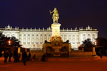 Philip IV, 1605-1665, King of Spain, equestrian statue on La Plaza de Oriente square, in front of the Royal Palace, Madrid, Spain, Europe