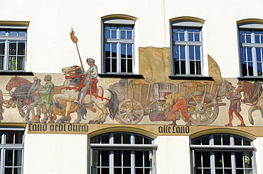 Medieval train of coaches with goods from Nuremberg, Rathausplatz square, Nuremberg, Middle Franconia, Bavaria, Germany, Europe