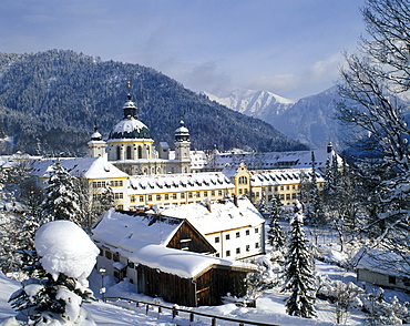 Benedictine Abbey Ettal in front of the Estergebirge range, Upper Bavaria, Germany, Europe