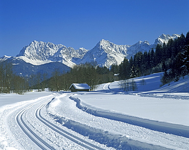 Karwendel mountains seen from the winter meadows near Klais, Bavaria, Germany, Europe