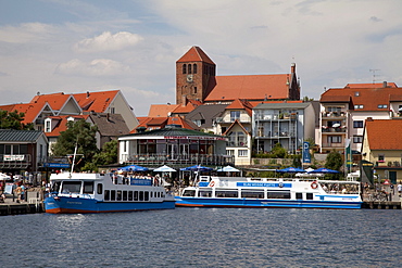 St. George's Church and the port of the climatic health-resort of Waren on Lake Mueritz, Mecklenburg Lake District, Mecklenburg-Western Pomerania, Germany, Europe