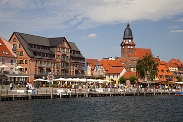 St. Mary's Church and the port of the climatic health-resort of Waren on Lake Mueritz, Mecklenburg Lake District, Mecklenburg-Western Pomerania, Germany, Europe