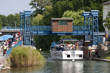 Vertical lift bridge, technical monument, Plau am See, Mecklenburg Lake District, Mecklenburg-Western Pomerania, Germany, Europe