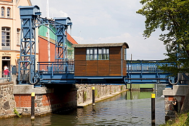 Vertical lift bridge, technical monument, Plau am See, Mecklenburg Lake District, Mecklenburg-Western Pomerania, Germany, Europe