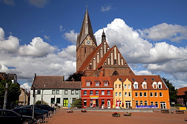 Market place with St. Marien brick church, Barth, Mecklenburg-Western Pomerania, Germany, Europe