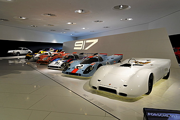 Porsche 917, at the front a Porsche 917 PA Spyder, Porsche Museum, Stuttgart, Baden-Wuerttemberg, Germany, Europe