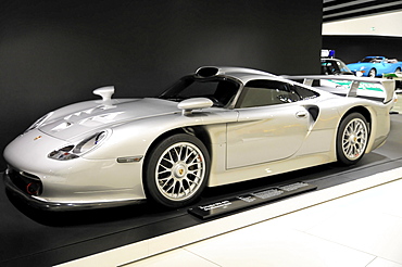 Porsche 911 GT1 street version, built in 1997, Porsche Museum, Stuttgart, Baden-Wuerttemberg, Germany, Europe