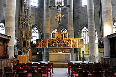 Interior with altar, Protestant Parish Church of St. Michael, Schwaebisch Hall, Baden-Wuerttemberg, Germany, Europe