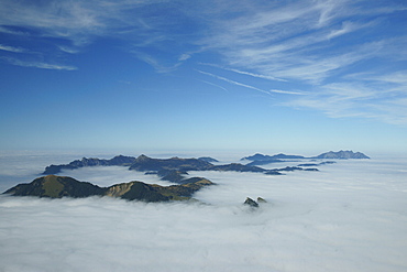 Peaks of the Entlebuch above a layer of fog, viewed from Mt Brienzer Rothorn, Canton Bern, Switzerland, Europe