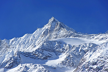 View of wintry Lenzspitze mountain, 4294m, above Saas Fee, canton of Valais, Switzerland, Europe