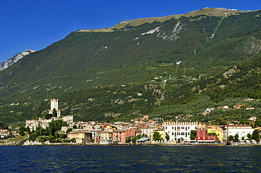 View of Malcesine and Monte Baldo, Lake Garda, Veneto, Venetia, Italy, Europe