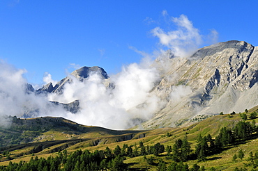 Fog rising over Col des Champs, Mercantour National Park, Haute Verdon mountains, Alpes de Haute Provence, France, Europe