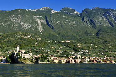 View of Malcesine and Monte Baldo, Lake Garda, Veneto, Venetia, Italy, Europe