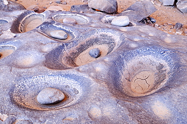 Grinding holes for pigments or grain, Tasset Plateau, Tassili n'Ajjer National Park, Unesco World Heritage Site, Wilaya Illizi, Algeria, Sahara, North Africa, Africa