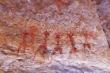 Historic painting of running or dancing people, neolithic rock art of Tassili n'Ajjer National Park, Unesco World Heritage Site, Wilaya Illizi, Algeria, Sahara, North Africa