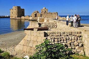 Tourists at the historic Crusader castle at Sidon, Saida, Lebanon, Middle East, West Asia