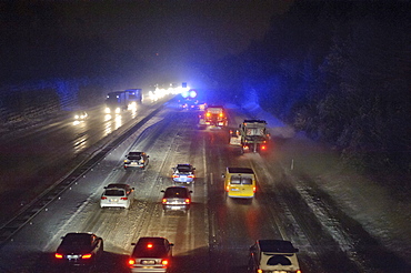 Winter service vehicles in service on the A8 motorway, Stuttgart junction near Stuttgart-Rohr, Baden-Wuerttemberg, Germany, Europe