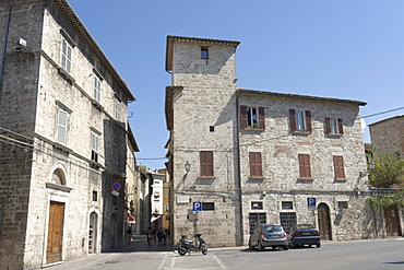 A travertine tower in Ascoli Piceno, Marches, Italy, Europe