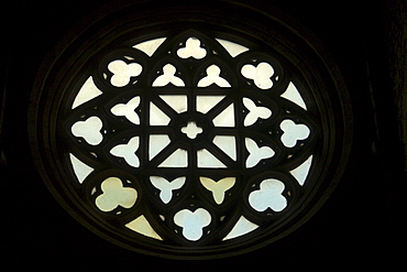 Rose window of the church Santa Maria Maggiore, early 14th century, seen from inside, peculiar for the decoration with an inscribed square, Alatri, province of Frosinone, Latium, Italy, Europe