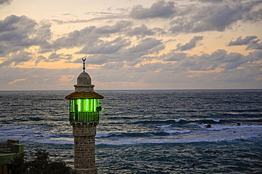 Illuminated minaret in Jaffa at dusk, Tel Aviv, Jaffa, Israel, Middle East, Southwest Asia