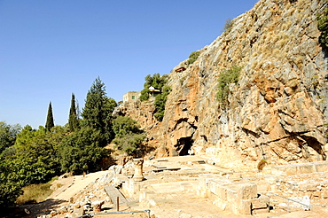 Temple of Pan with Pan's grotto, above in the center shrine of Nebi Khader, religious figure for Druze and Muslims, Banias National Park, Mount Hermon, Golan Heights, Israel, Middle East, Southwest Asia