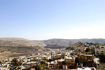 Druze village of Majdal Shams, middle left the "Shouting Hill" from where the people from the Syrian side shout over to their relatives in the Israeli-occupied village, Golan Heights, Mount Hermon, Israel, Syria, Middle East, Southwest Asia