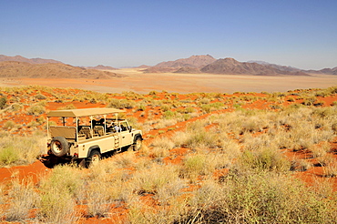 Safari vehicle of the Wolwedans Dune Lodge in the high grass of the dune landscape, Namib Rand Nature Reserve, in Wolwedans, Namib Desert, Namibia, Africa