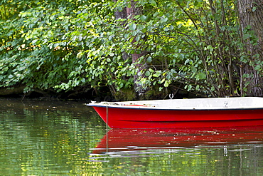 Red rowboat on the shore of a lake