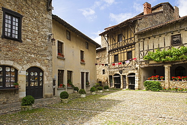 Place de la Halle square, medieval walled town of Perouges, France, Europe