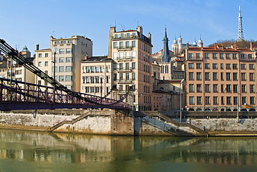 Old Lyon from the Saone quay, Sint Vincent footbridge, Lyon, France, Europe